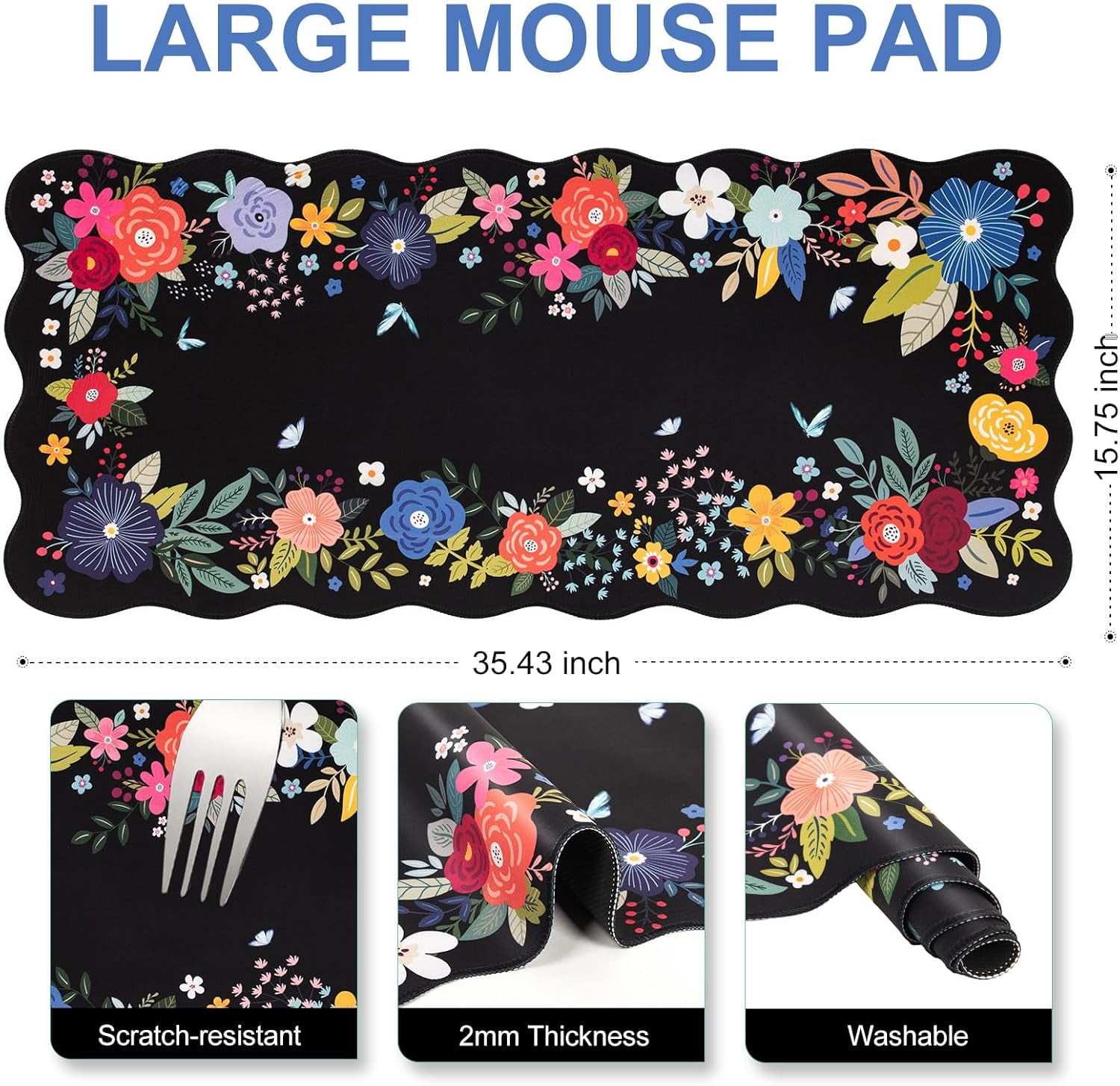 Floral Mouse Pad,Black Desk Mat XXL Large Scalloped Gaming Mousepad,35.4x15.7in Non-Slip Rubber Base Keyboard Pad Waterproof Desktop Mat for Laptop Computer Game Home Office-Black Floral