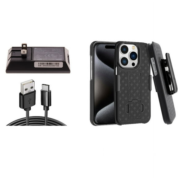 Home Charger & Case Belt Clip for iPhone 15 Pro - 6ft Long USB-C Cable Wall Power Adapter Type-C Charging Cord and Holster Swivel Cover Kickstand D3G for iPhone 15 Pro (6.1")