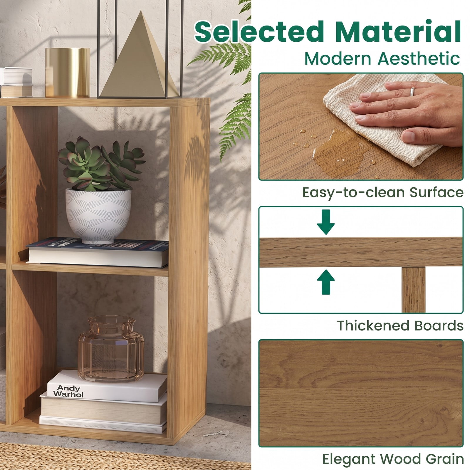 Furnibear 6 Cube Bookshelf, Wood Cube Storage Organizer with Back Guardrail and Anti-Tip Kit, Freestanding Display Bookcase for Living Room Bedroom Home Office, Natural