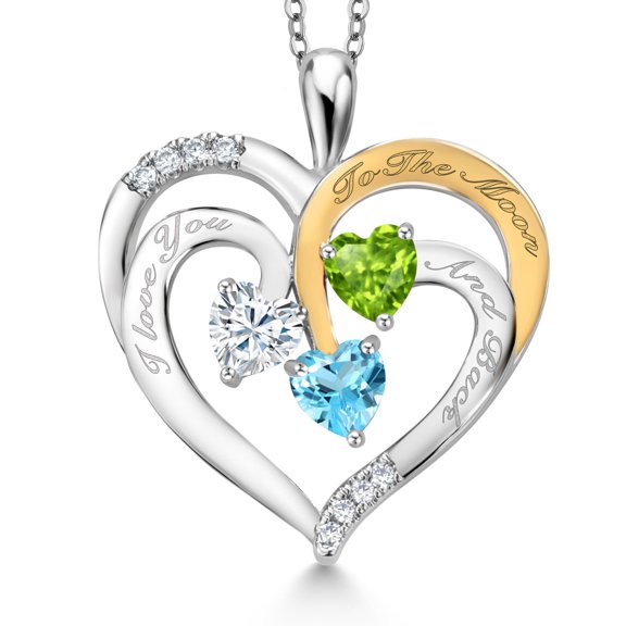 Gem Stone King Two Tone White Moissanite Green Peridot Swiss Blue Topaz `I love you to the moon and back` Engraved Pendant Necklace for Women (1.47 cttw, Heart Shape 5MM, 18 inch Chain)