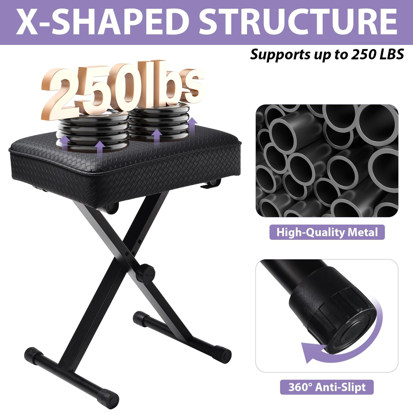 Adjustable Piano Bench Keyboard Stool - Extra Comfortable With 3.54 Inch Thickness Padded Cushion  X-style 3 Level Height Foldable&portable Chair Seat