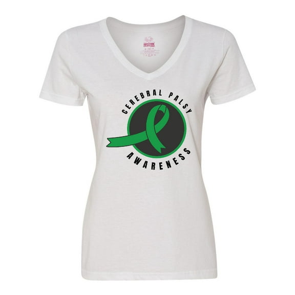 Inktastic Cerebral Palsy Awareness Green Ribbon Badge Women's V-Neck T-Shirt