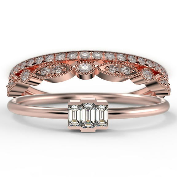 Dazzling 1.70 Carat Baguette Cut Trilogy Diamond Moissanite Engagement Ring, Dainty Wedding Ring in 10k Solid Rose Gold, Three Stone Ring, Promise Ring, Trio Set, Matching Band