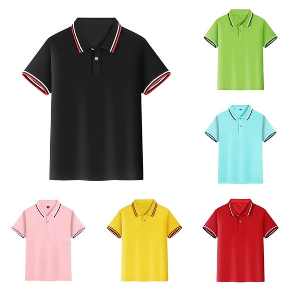 REDARER Kids Short Sleeve Striped Polo Shirt Solid Soft Button Lapel School Uniform Tops,16