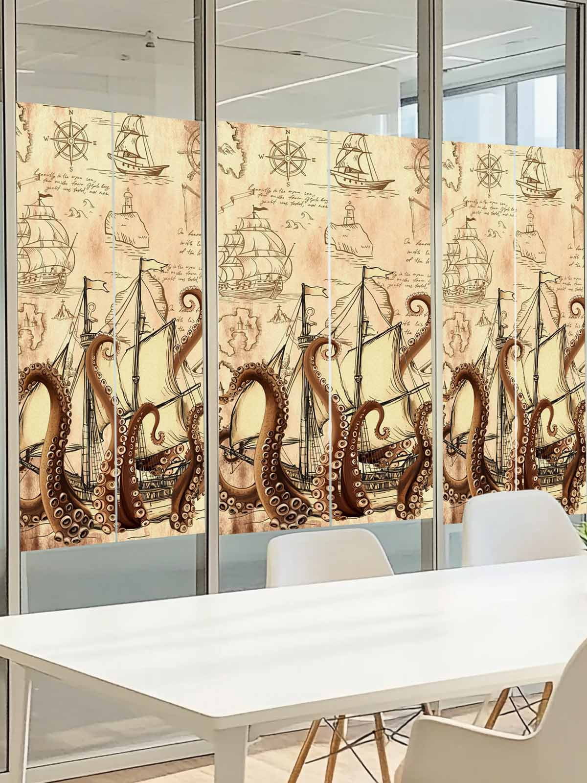 Nautical Boat Window Privacy Film, Retro Octopus Sailing Sailing Brown Frosted Glass Window Clings Static Cling UV Heat Blocking Reusable Door Sticker for Bathroom 23.6 x 59 Inch