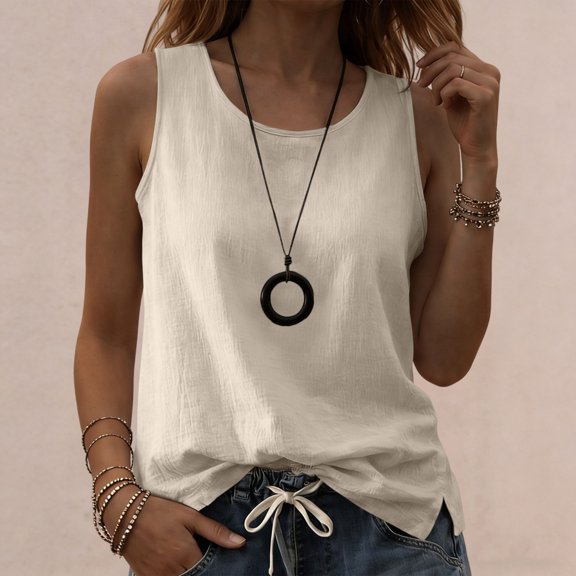 ClodeEU Women's Lightweight Crew Neck Sleeveless Linen Tank Top, Casual Loose Fit Summer Blouse Beige,Women's Plus L