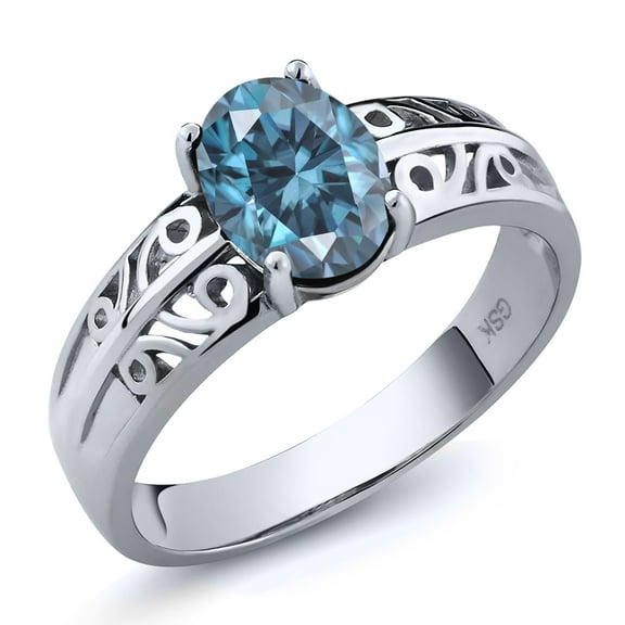 Gem Stone King 925 Sterling Silver Ring Persian Blue Oval Moissanite (1.38 Cttw) (Size 6)
