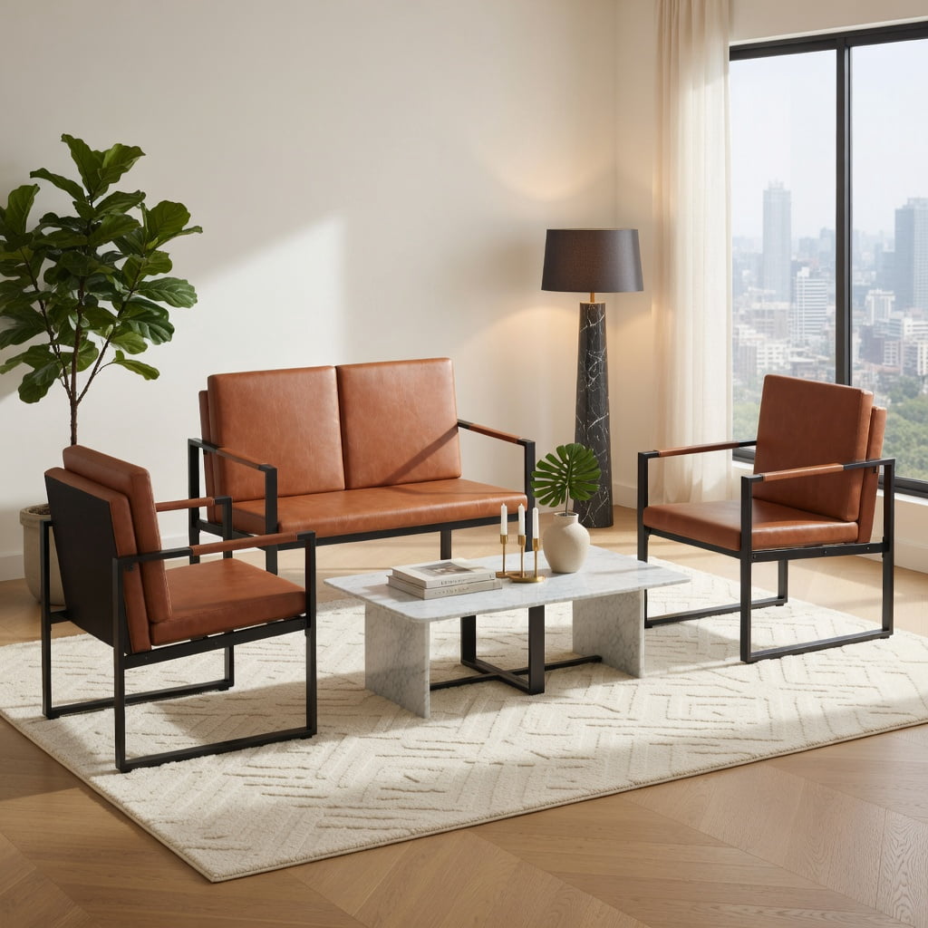 Hommoo Modern 2-Seater Loveseat Sofa in Brown PU Leather, Compact Small Couch for Living Room, Office & Guest Space, Brown