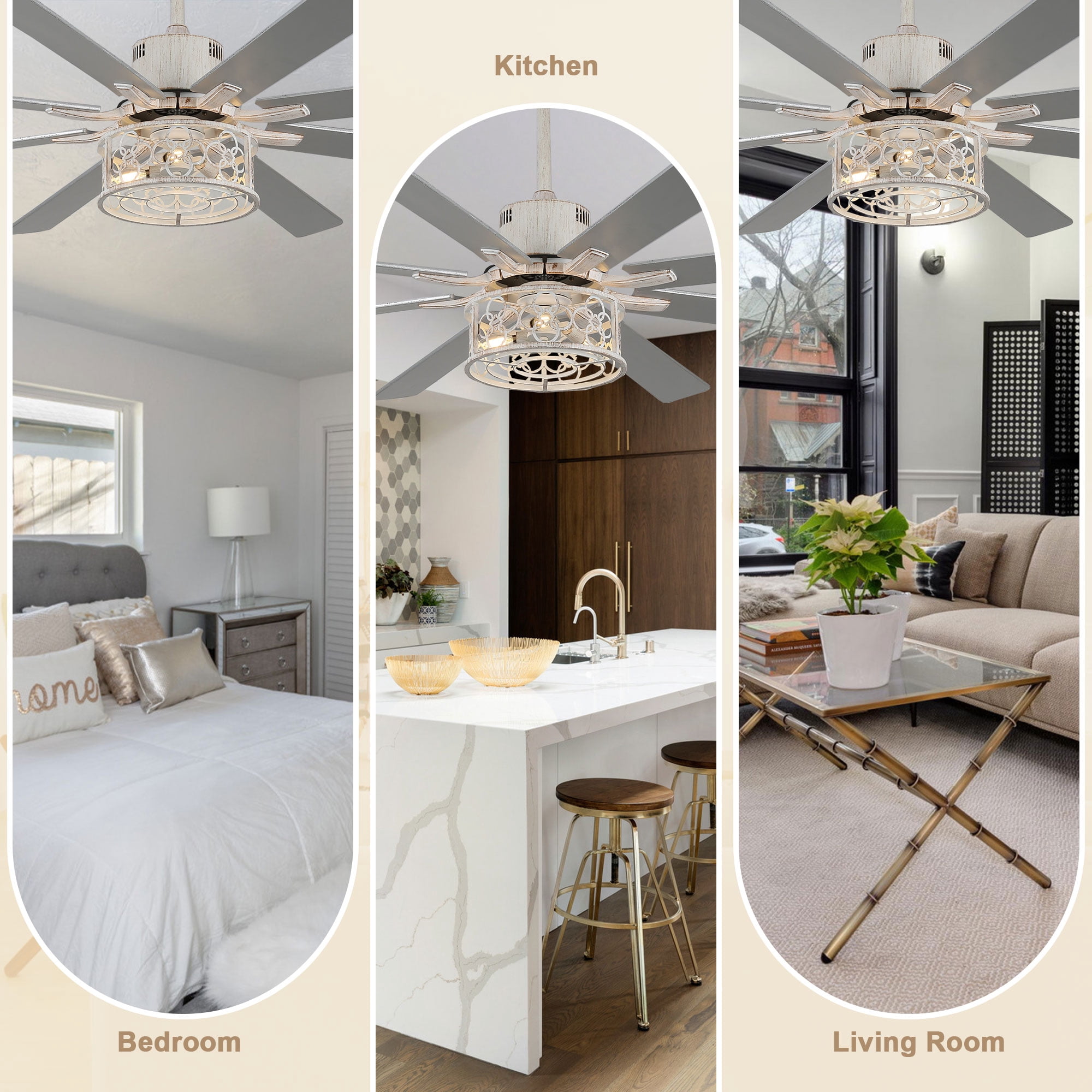 Bella Depot 72" Ceiling Fan 6-speed Farmhouse Metal Cage 3-Light Chandelier with Remote