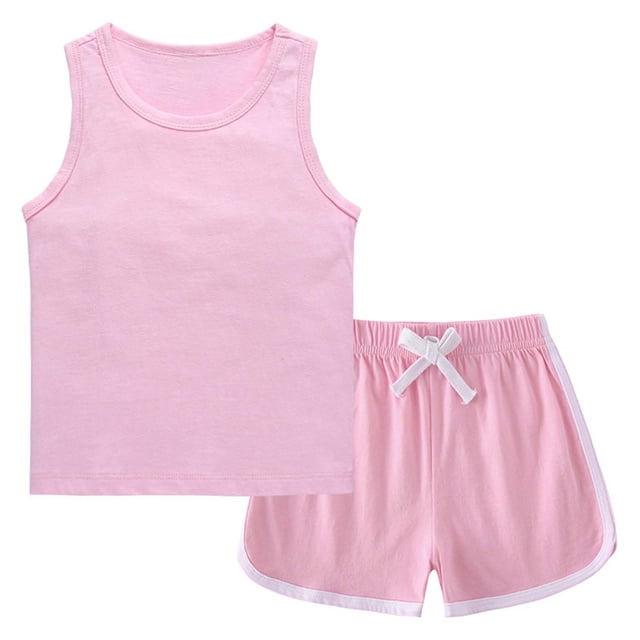 Tank Top Y Shorts Conjunto Niñas Moda Casual Color Sólido Algodón sin Mangas Cuello Redondo Top Y Cintura Elástica Shorts Conjunto de Dos Piezas Tank Tops Largos