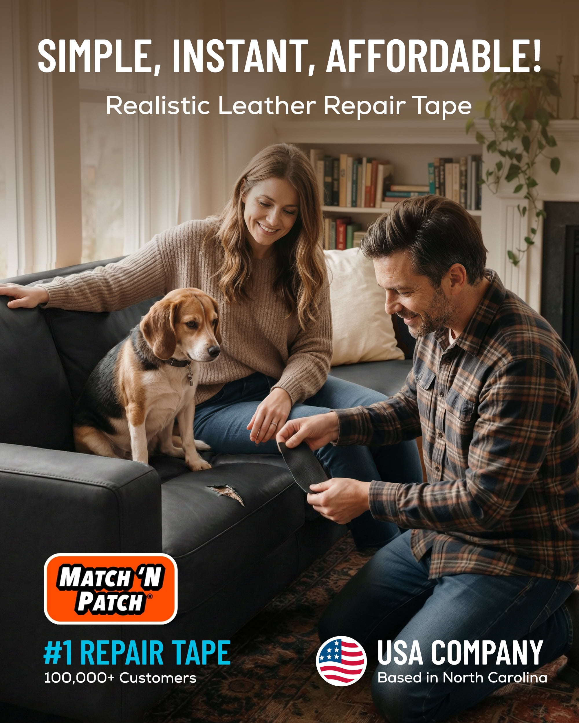 MATCH 'N PATCH Leather Repair Tape - Black (2.25 inch x 15 feet) - Realistic Faux Leather Patches for Couch, Sofa, Upholstery, Car Seats & Other Furniture, Vinyl Repair Kit, Self Adhesive Patch