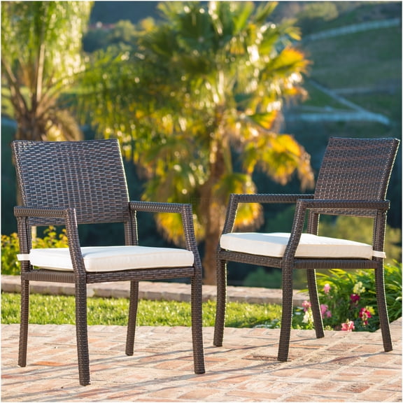 JERFIT 2-Pack Brown Wicker Dining Chairs for Outdoor Patio, Water-Resistant Cushioned Armchairs with Contemporary Design