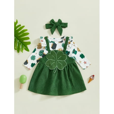 

Mama s sunshine Baby Girls Irish Day Outfit Cartoon Print Ruffles Long Sleeve Romper and Clover Suspender Skirts Headband