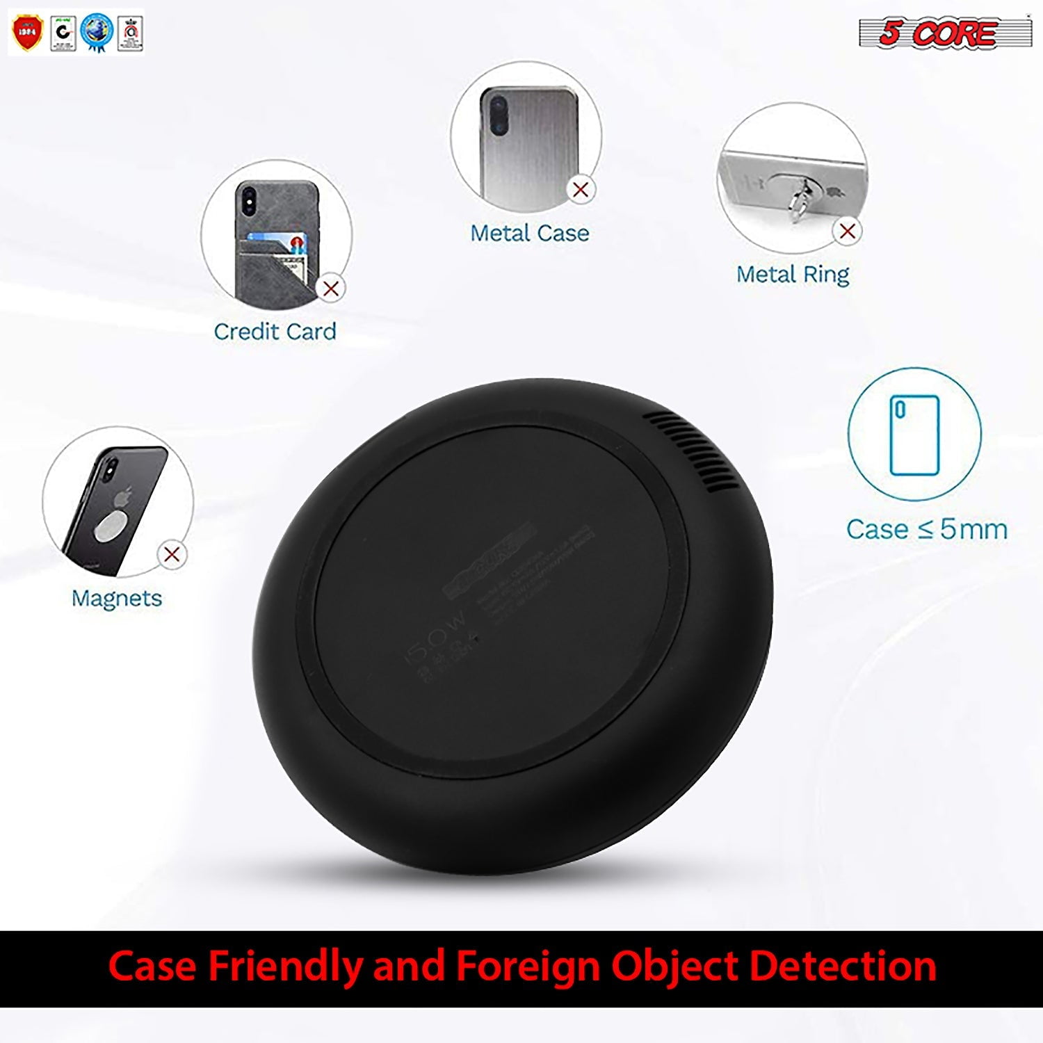 5Core Wireless Phone Charging Pad 15W Qi-Certified Fast Charger Mat Cargador
