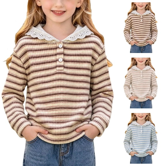 Sakuulaan Toddler Girls Hoodie,Cotton Striped Lace Trim Long Sleeve Pullover for Fall Winter Back to School