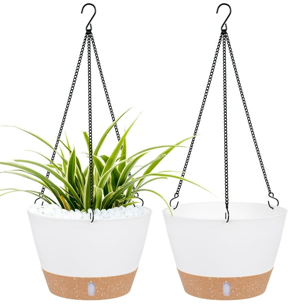 QCQHDU 2 Pack 10 inch White Plastic Hanging Planters with 3 Hooks, Hanging Plant Pot Basket with