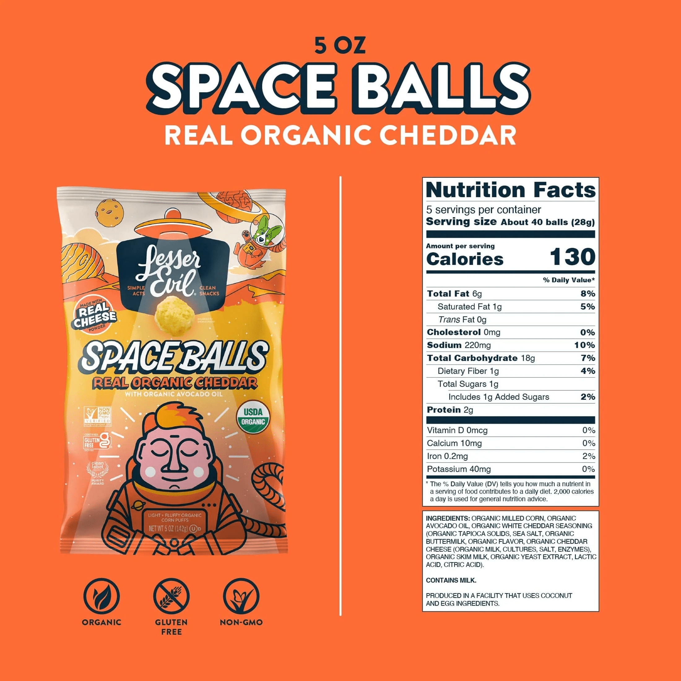 LesserEvil Space Balls, Real Cheese, 5oz
