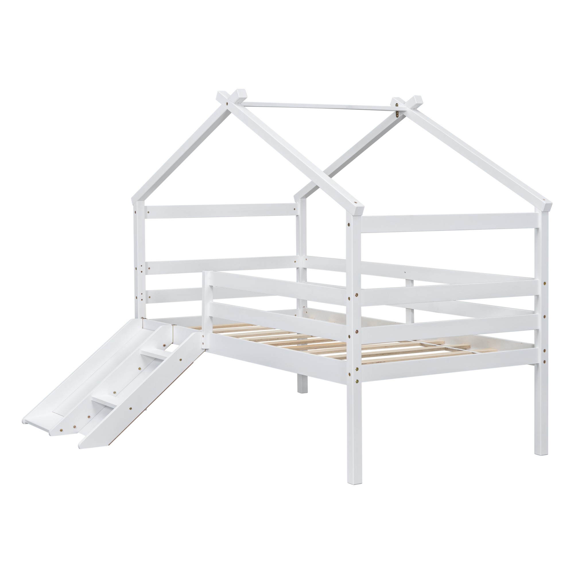 Aukfa Twin Low Loft Bed with Slide for Kids, Wood House Roof Bed Frame for Girls/Boys Bedroom, White