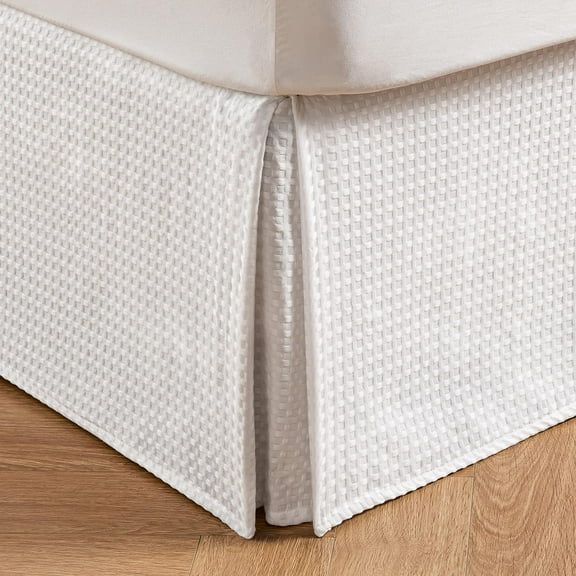 Osmanthus Pleated Waffle Weave Bed Skirt, Tailored Dust Ruffle 14 Inch Drop Easy Fit, Machine Washable (White, Queen - 14" Drop)
