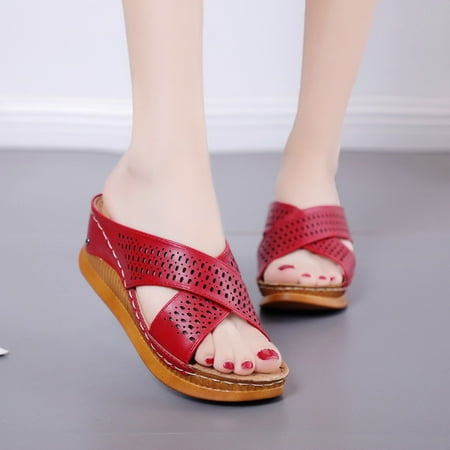 

KaLI_store Shoes For Women Women s Open Toe Heeled Mules Block Heels Sandals Knit Square Heels Slip On Breathable Slides Sandal Red Side 5.5