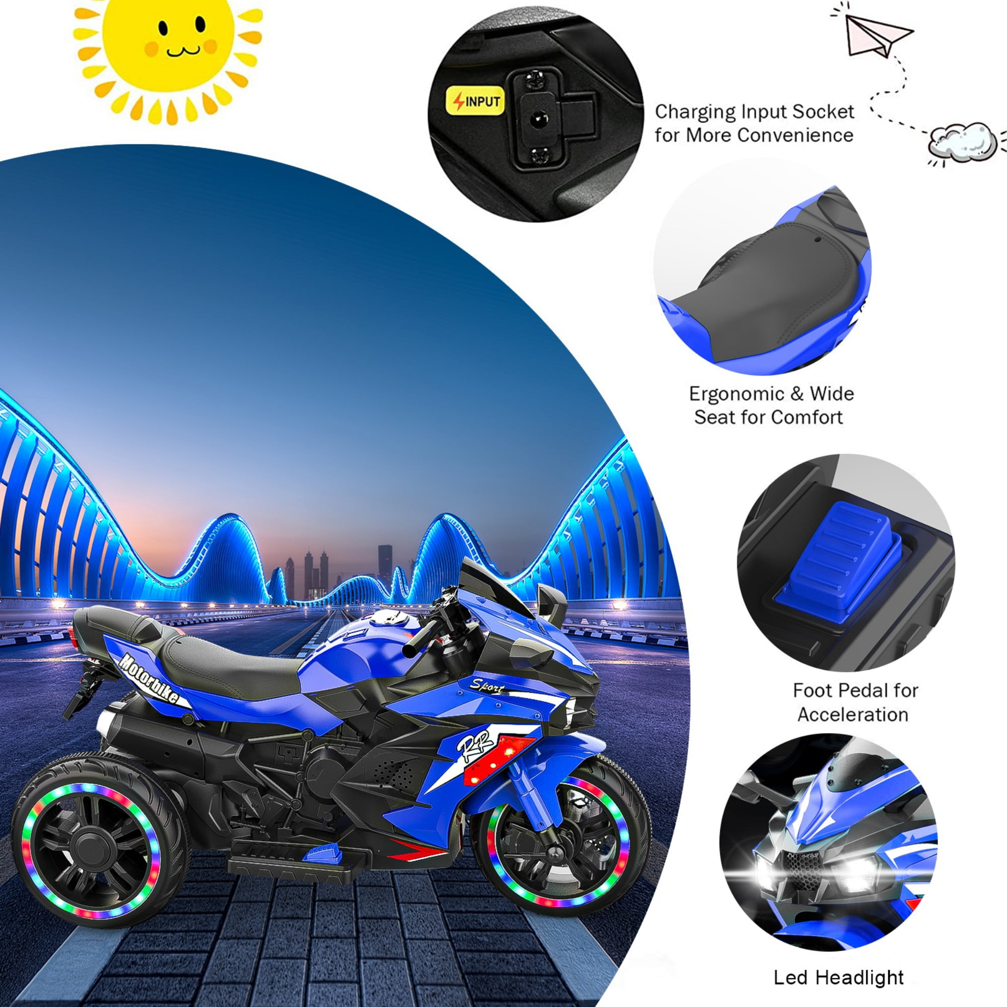 12V Electric Motorcycle for Kids 3-5 Years Old, 4 MPH Top Speed, LED Lights, Bluetooth Music, Battery Powered, Blue