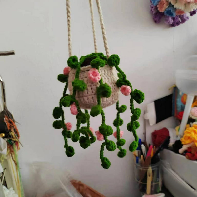 Car Mirror Hanging Accessories Decoration Car Plant Teen Gifts Charms Funny  Crochet Weavere Hanging Basket for Women Men Cute Potted Plants style C 
