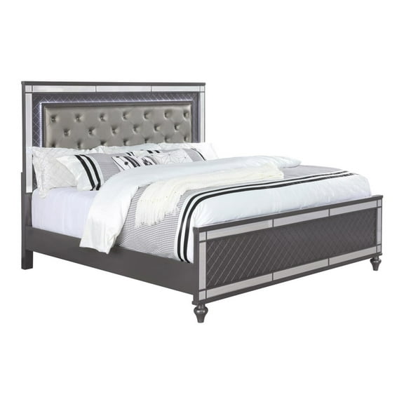 1Pc Contemporary King Size Upholstered Tufted LED Headboard Bed Glam Luxury Solid Wood Furniture Gray Finish