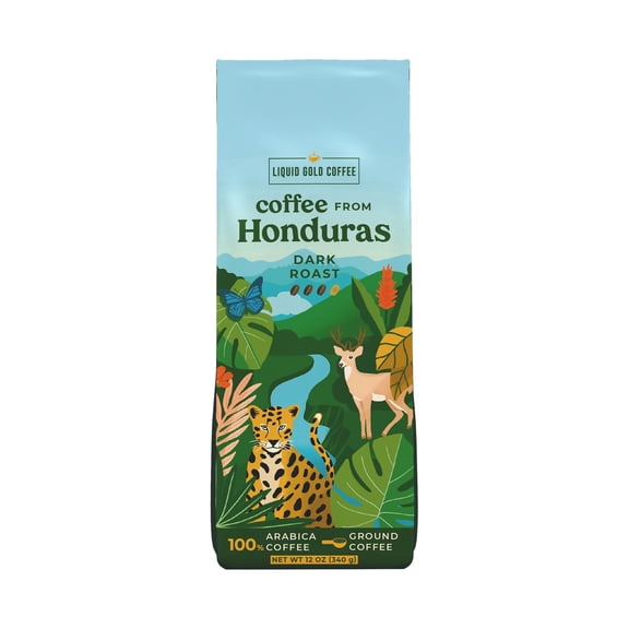 Liquid Gold Coffee from Honduras, Dark Roast Ground, 1 bag 12 oz (340 grams), 100% Arabica Beans, Single Origin Coffee from COMSA Farm, Small Batch Roasted in USA