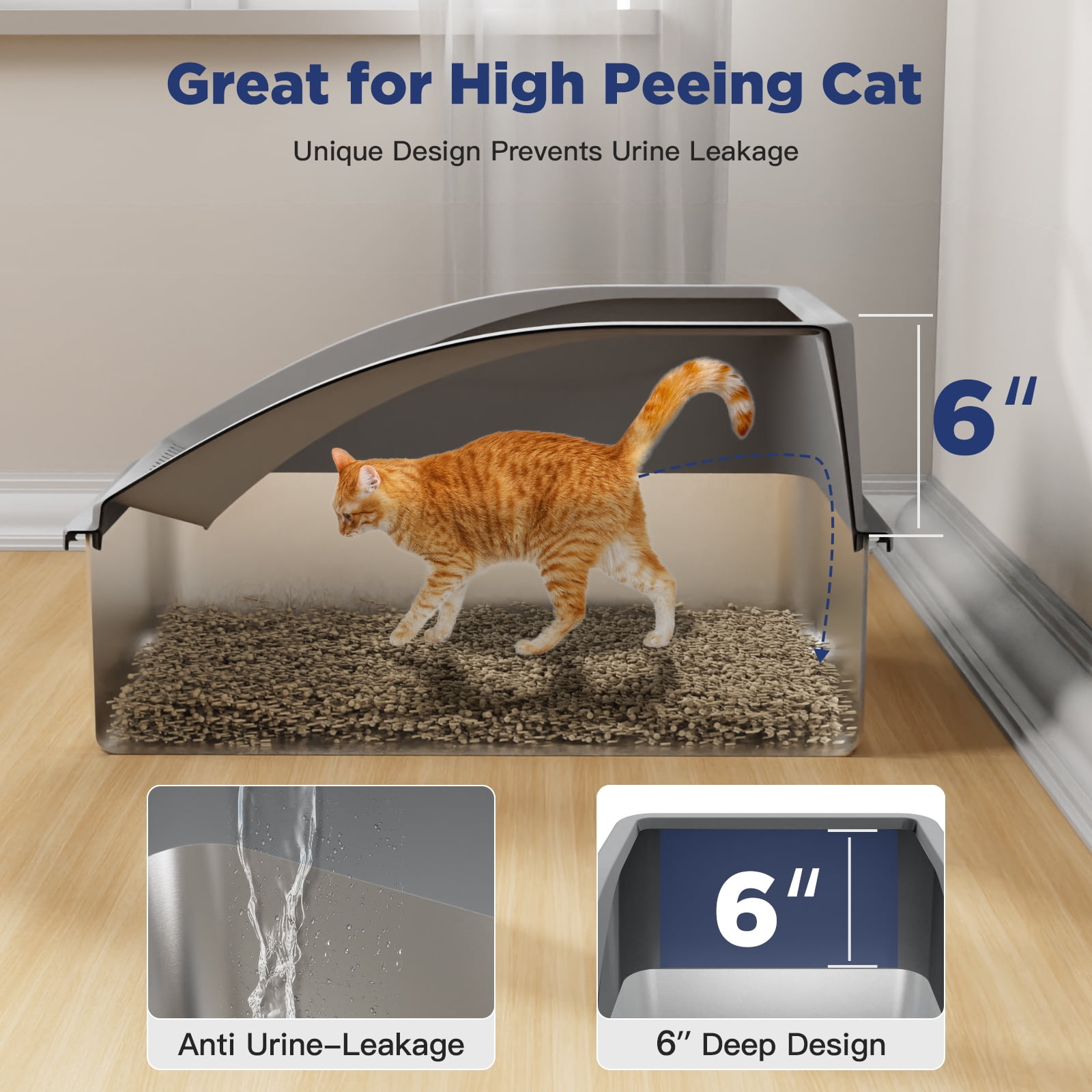 Extra Large Stainless Steel Cat Litter Box, XL Litter Boxes for Big Cats & Multiple Cats, Metal Litter Box with High Sides & Metal Scoop/Mat, Easy to Clean, Dark Gray