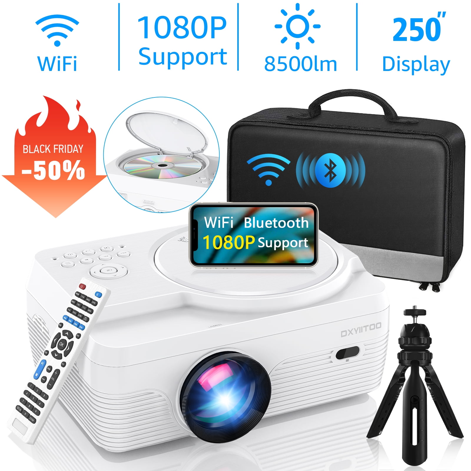DXYIITOO Full HD WiFi Bluetooth Projector Built in DVD Player, 8500LM 1080P Supported, Portable