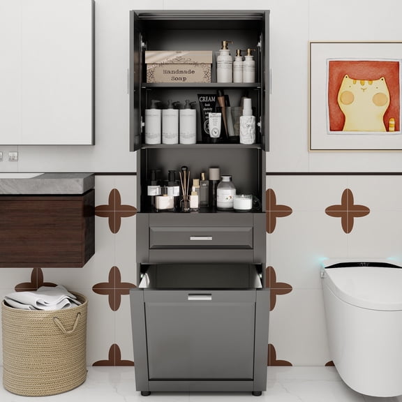 Tall Bathroom Cabinet with Laundry Basket, Large Storage Space Tilt-Out Laundry Hamper and Upper Storage Cabinet, Black