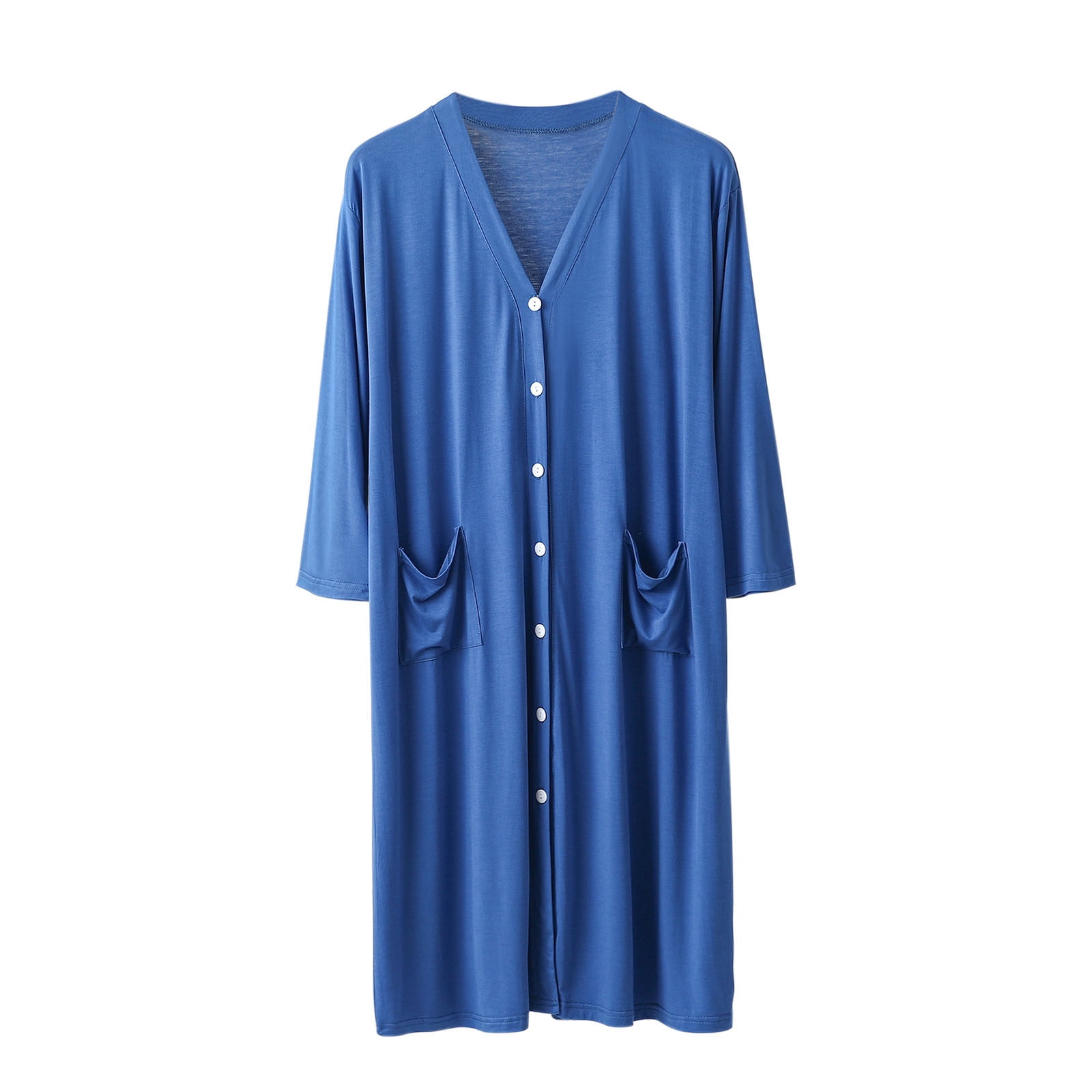 Men's Soft Robe Button Down House Coat Nightgown Summer V Neck Comfy 3/4 Sleeve Housecoat Sleep Shirt with Pockets