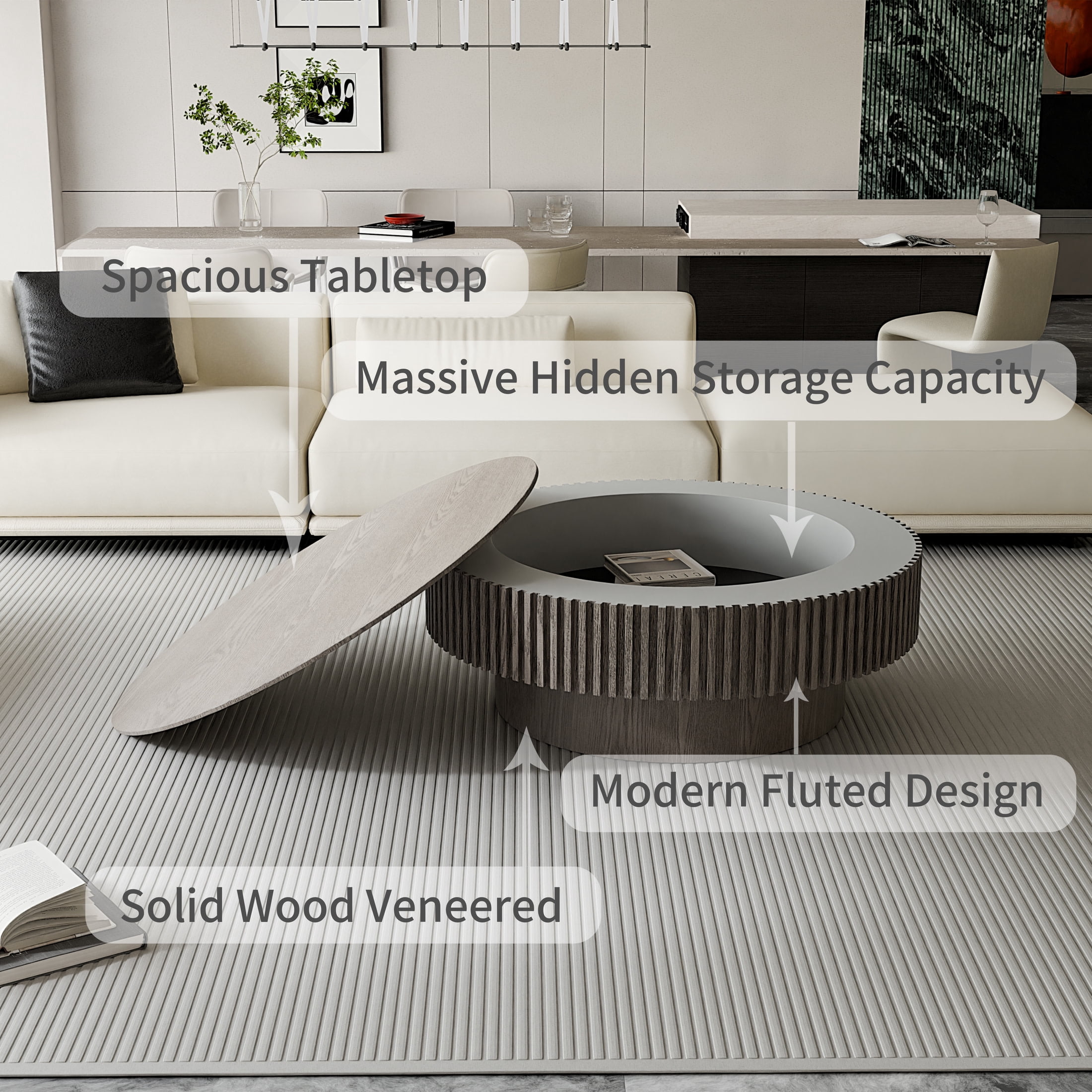 Noble House 39.37" Round Coffee Table, Solid Wood Veneer Drum with Hidden Storage, Fluted Design, for Living Room, Grey