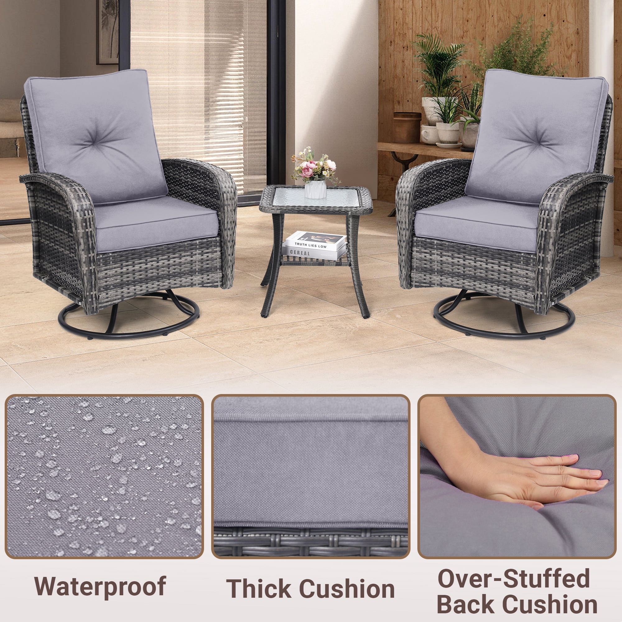 Melocadol Patio Wicker Glider Set, 2 Swivel Chairs with Matching Table, Comfy Washable Seat Cushions, Premium Outdoor Furniture for Garden, Balcony, Grey Rattan Grey Cushion