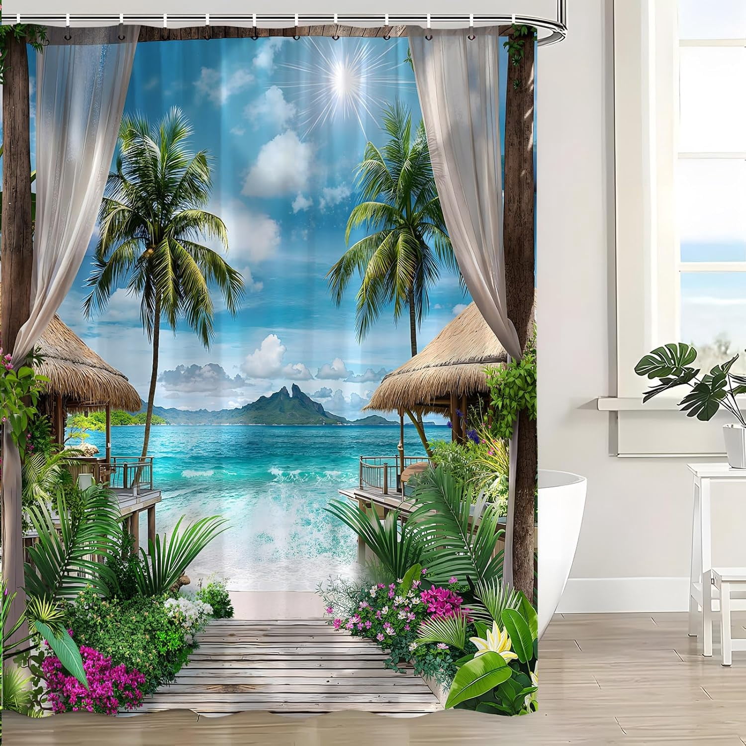 Ocean Beach Shower Curtain Tropical Summer Palm Tree Leaves Blue Sky Sea Wave Hawaii Vacation Seaside Island Landscape Natural Scenery Windows Fabric Bath Curtain with Hook-72"W x 72"L (Pack of 1)