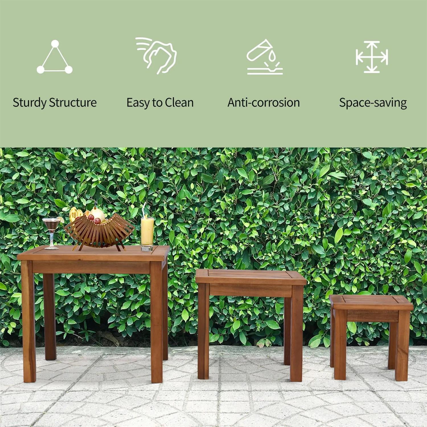 Demi Bonn 3 Piece Outdoor Side Nesting Table Patio Set with Acacia Wood Build & Multi-Functional Design, Outside End Tabledoor or Outdoor Use, Brown
