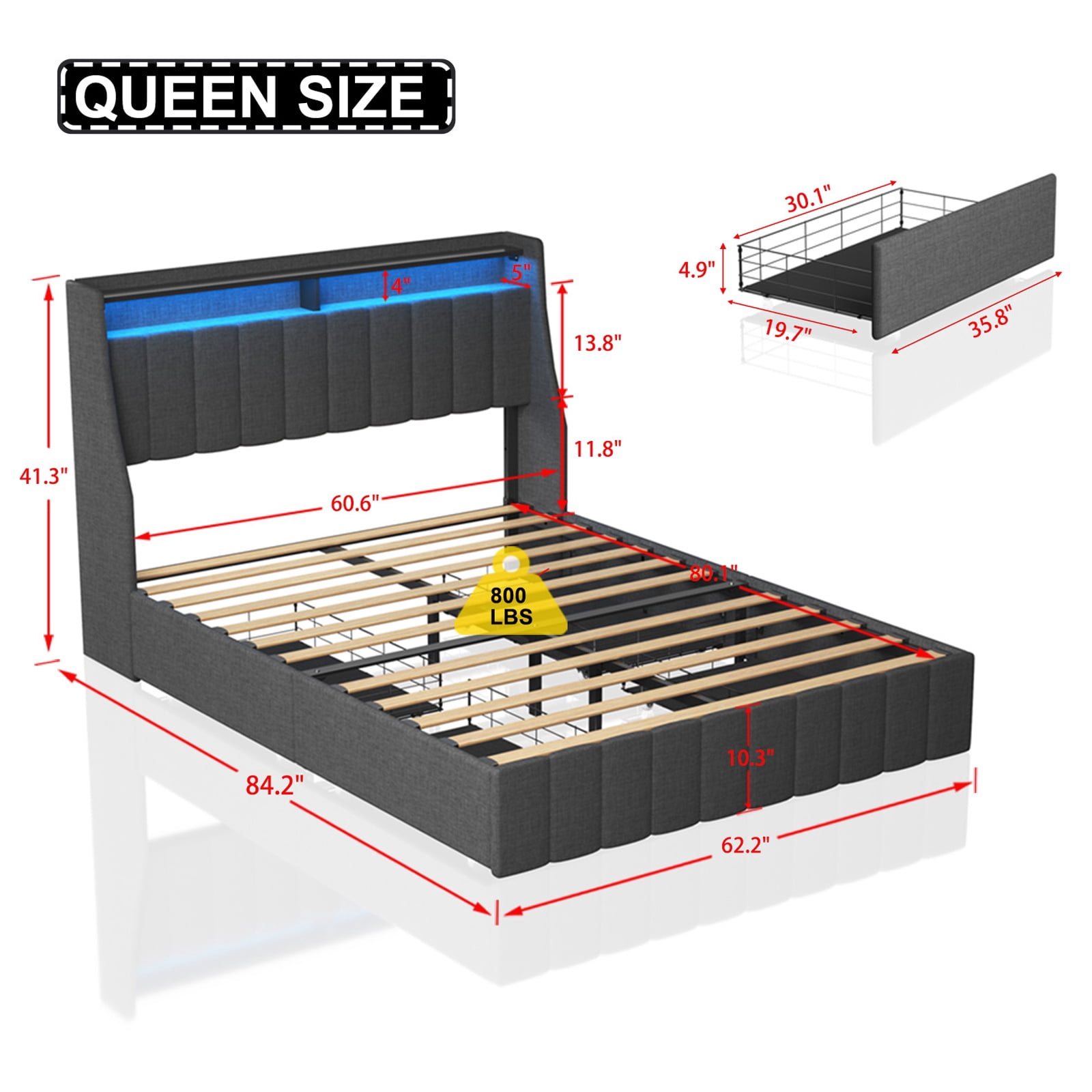 PAPROOS Queen Size LED Bed Frame with Drawers, Linen Upholstered Bed, Metal Platform Bed with Soft Cushioned Headboard for Adults Teens, Dark Grey