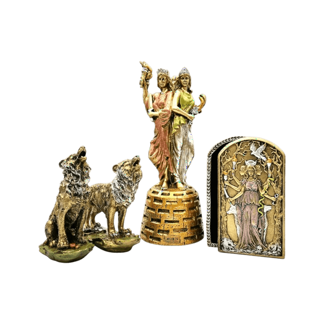 MORIN Imágenes | Paquete Diosa Hécate Triple 27cm, Alhajero Y 2 Perros 15cm|(DORADO)