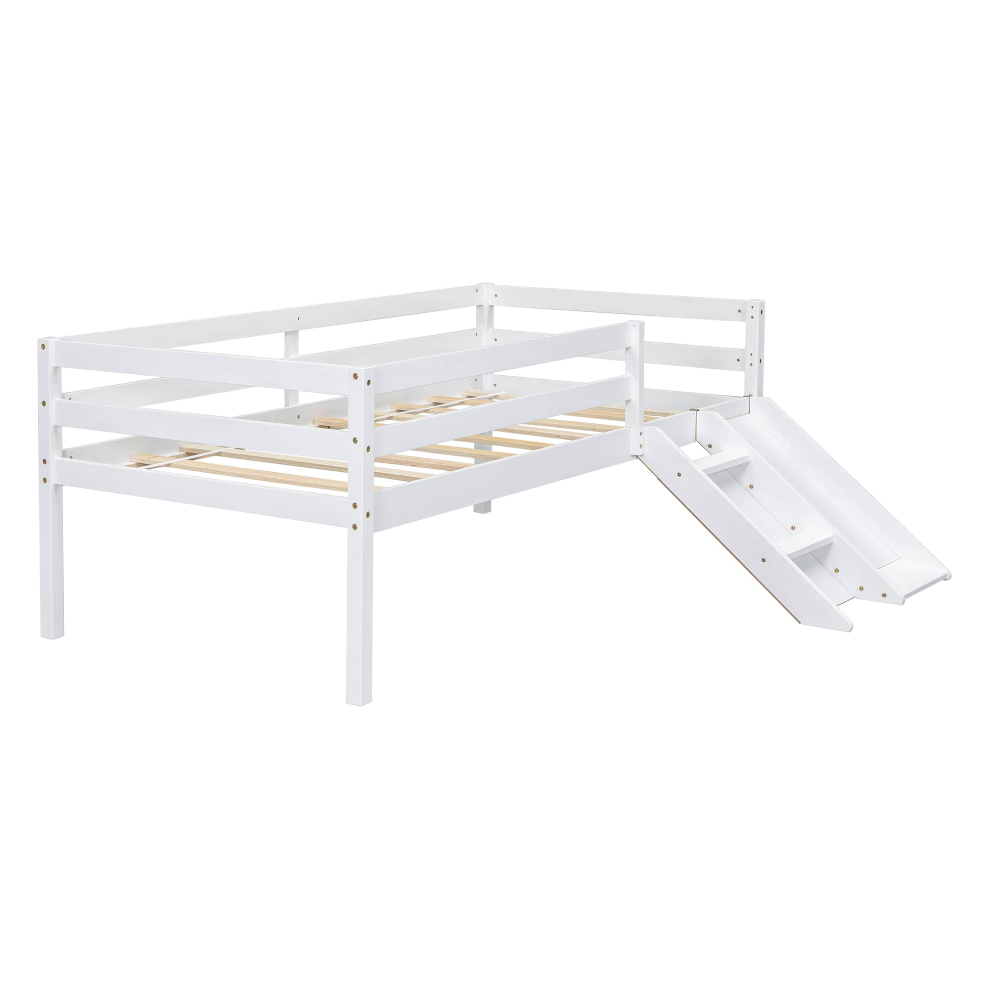 MAYEERTY Twin Loft Bed with Slide, Ladder, Safety Guardrails, House Roof Frame, White