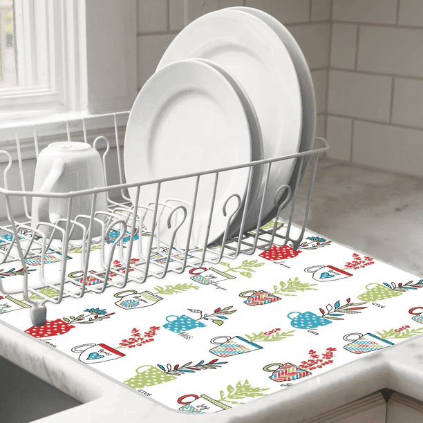 HERBAL CUPS Microfiber Countertop Dish Drying Mat, Machine Washable by