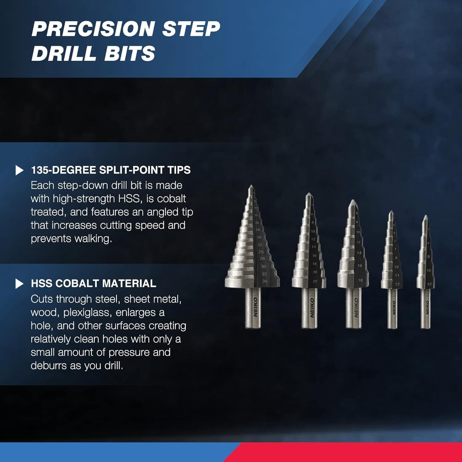 NEIKO 10198A Step Drill Bit Set | 5 Piece, 4mm- 35mm | Metric Titanium High Speed Steel Unibit, Stepper Cone Drill Bit | Two Flute Step Down Bits, 135 Degree Point
