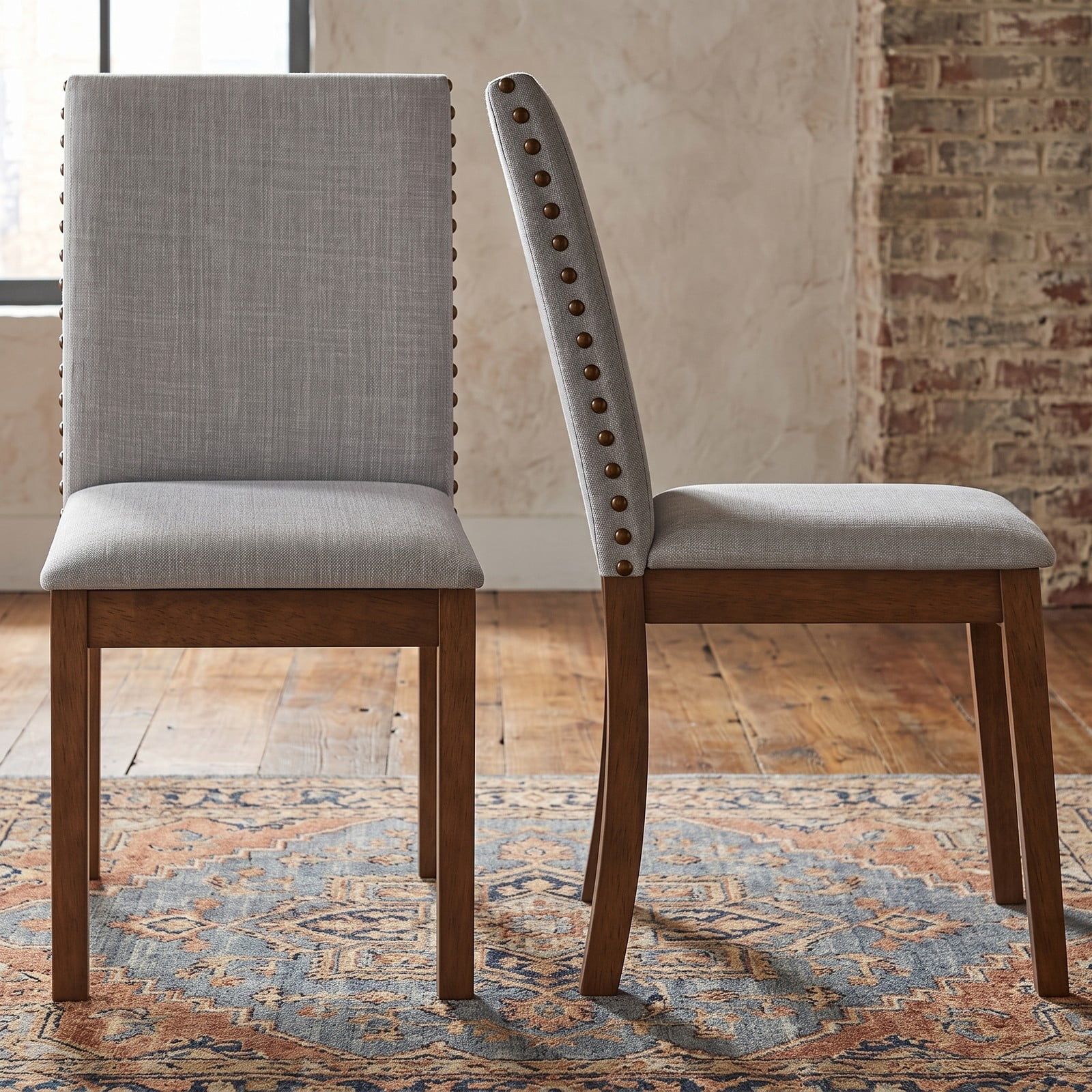 Furnibear Set of 2 Upholstered Dining Chairs, Rubber Wood Faux Linen Fabric Accent Side Chairs with Padded Seat and Nailhead Trim for Dining Room, Ash Gray & Walnut