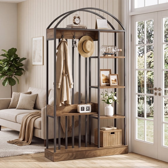 Finmind 71.2" Freestanding Wall Room Divider with Metal Frame & MDF Shelves for Living Room, Bedroom, Brown & Blak