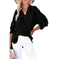 thumbnail image 5 of Women's Black Crinkle Textured Loose Henley Top, 5 of 5