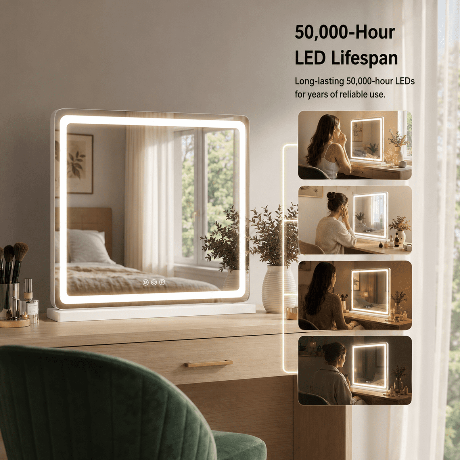 Alvantor Vanity Mirror with Lights, LED Makeup Mirror, Lighted Makeup Mirror with Dimmable 3 Modes, Touch Screen Control, USB Charging Port, Tabletop, 13"x17"/19"x22"/22"x32"
