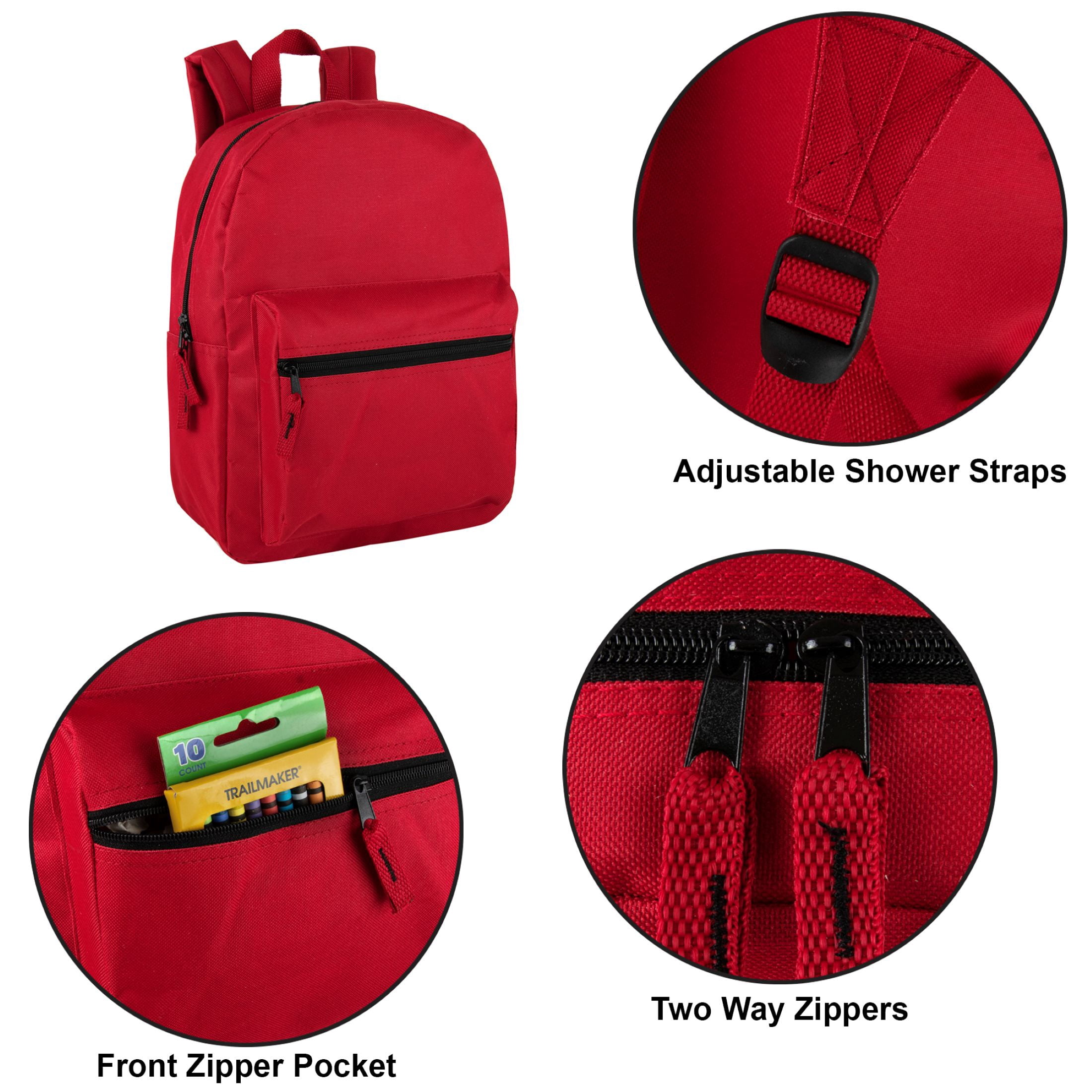 Trailmaker Unisex Solid Color Backpacks, 15 Inch with Front Zipper Pocket, Padded Shoulder Straps (24 Pack, 6 Classic Color Assortment)