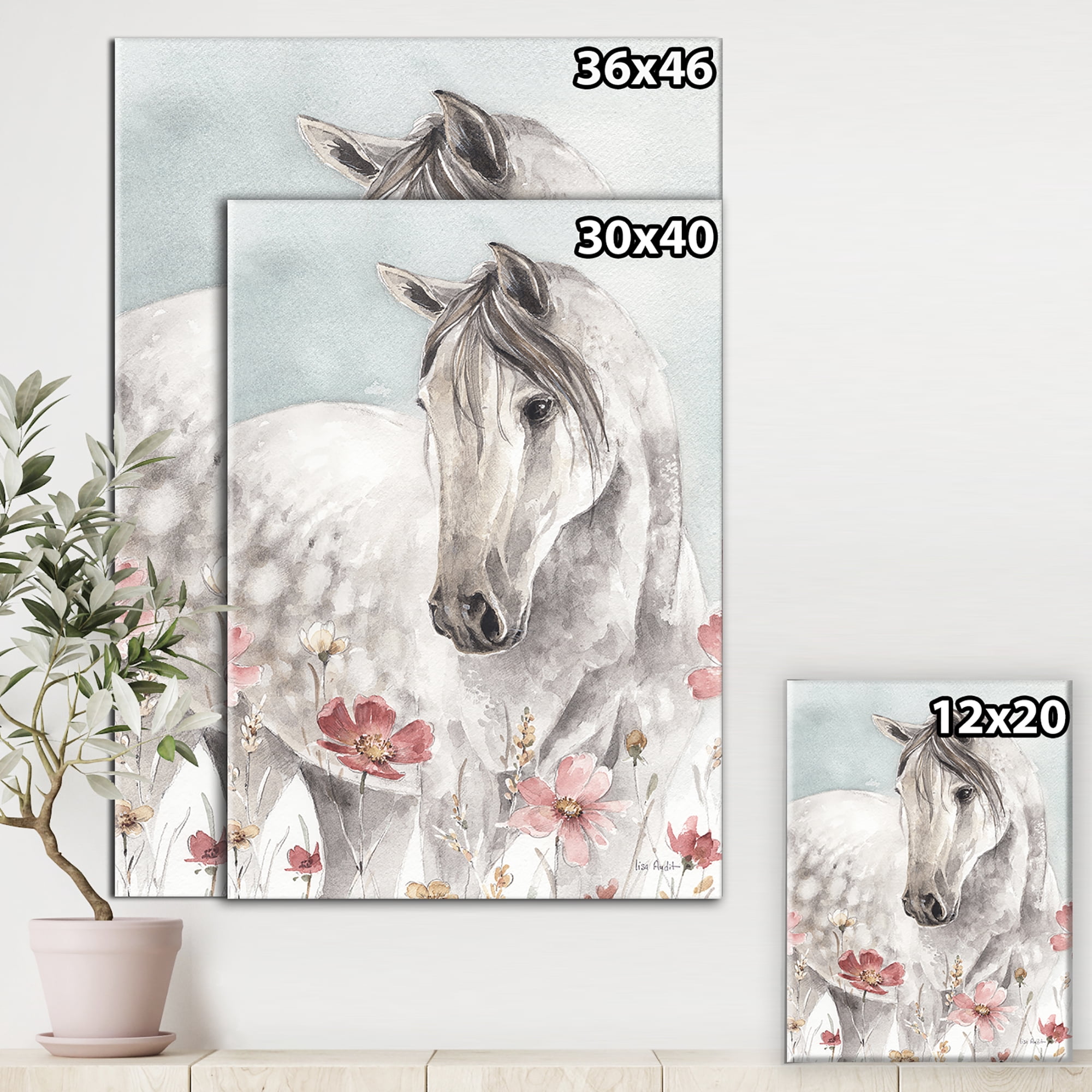 Designart 'watercolors Pink Wild Horses II' Farmhouse Premium Canvas Wall Art