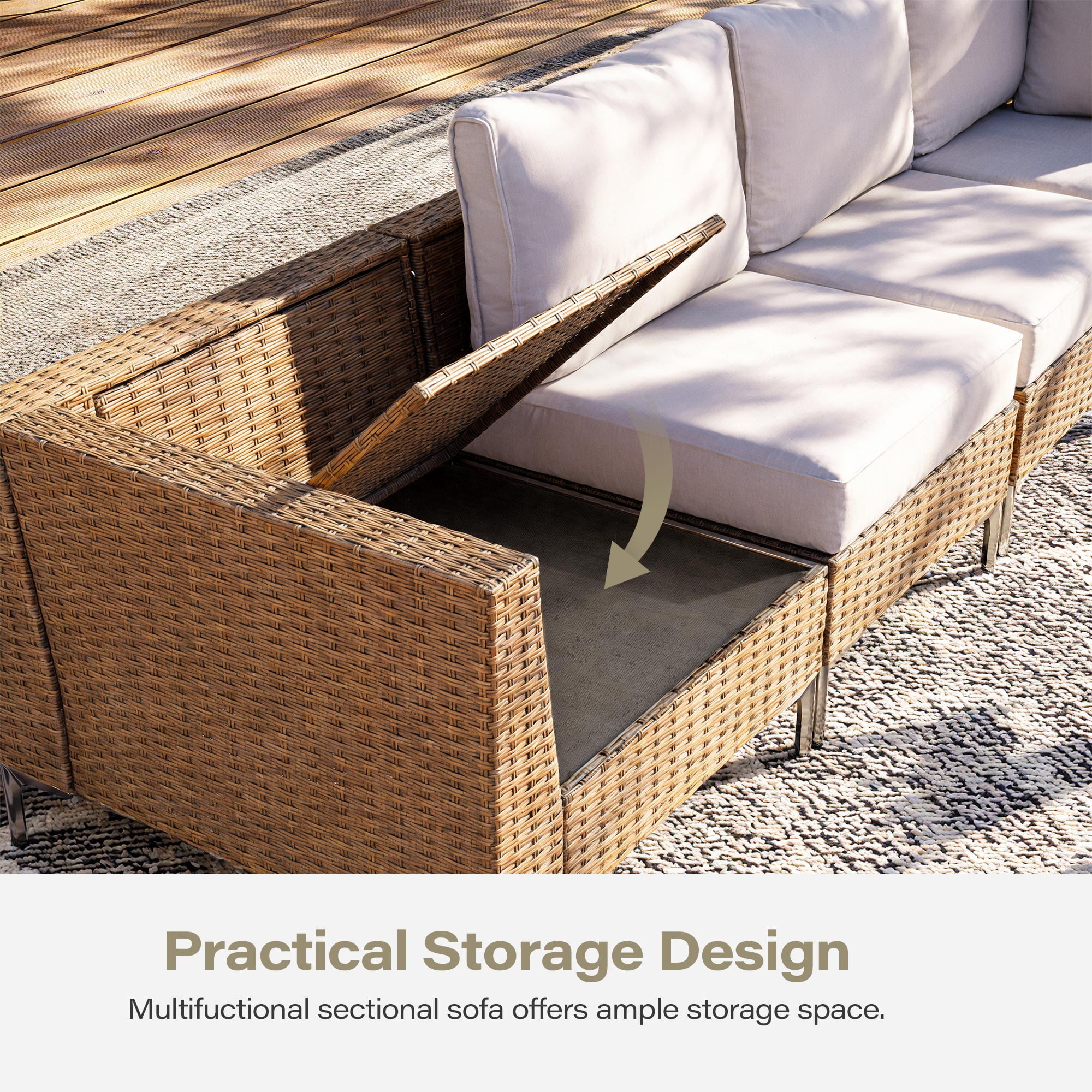 LAUSAINT HOME 7 Pieces Patio Furniture Set with Hidden Storage Compartment, Outdoor Wicker Rattan Sofa, Beige Cushions