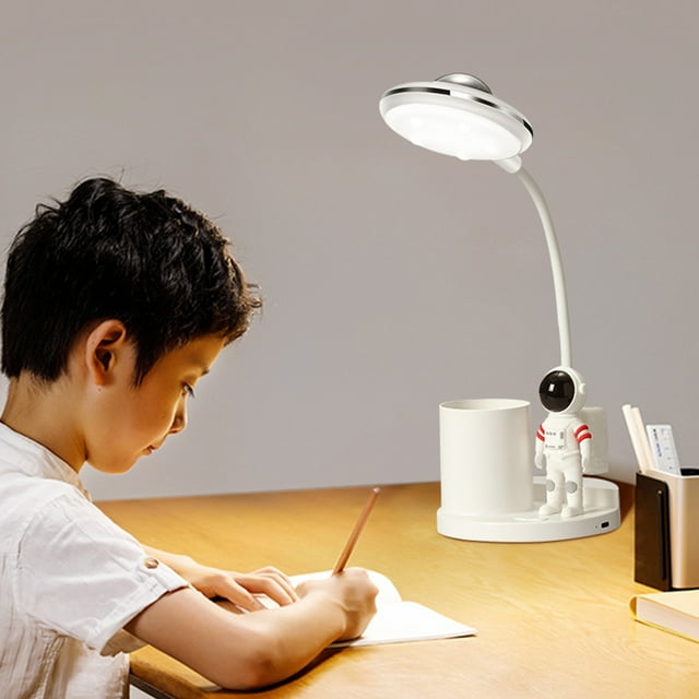 Lámpara de escritorio de astronauta para niños | Proyector de estrellas, luz nocturna y carga USB | Lámpara de estudio LED regulable con portalápices para niños y niñas