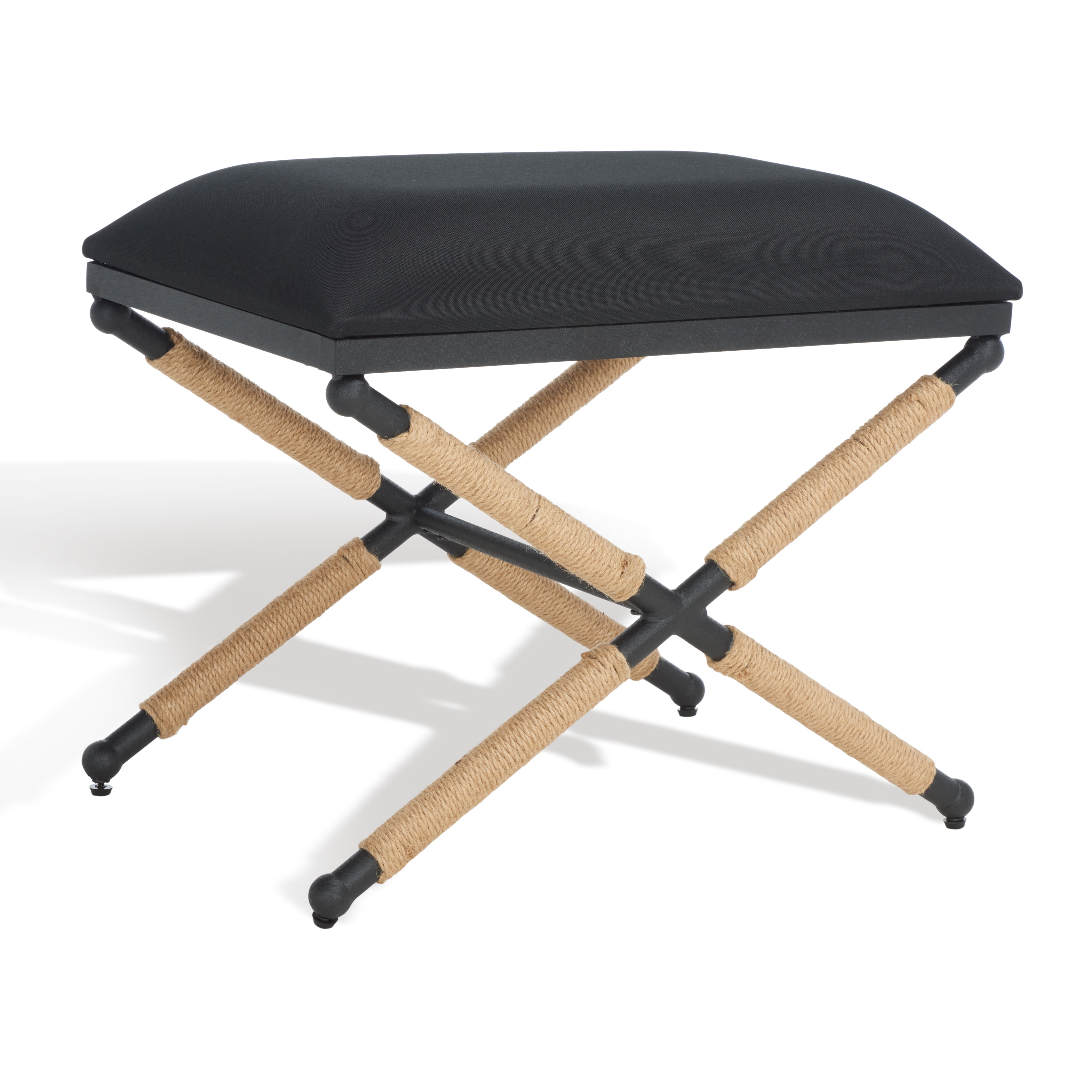 SAFAVIEH Couture Carmelo Classic Linen Ottoman, Black/Black